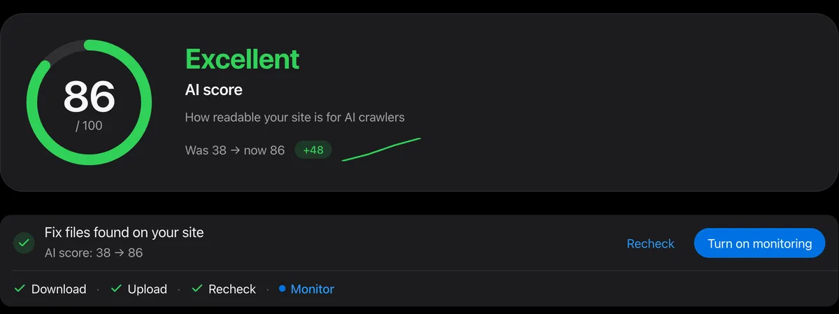 Causabi report for a sample site: AI score, a list of issues and the generated files.