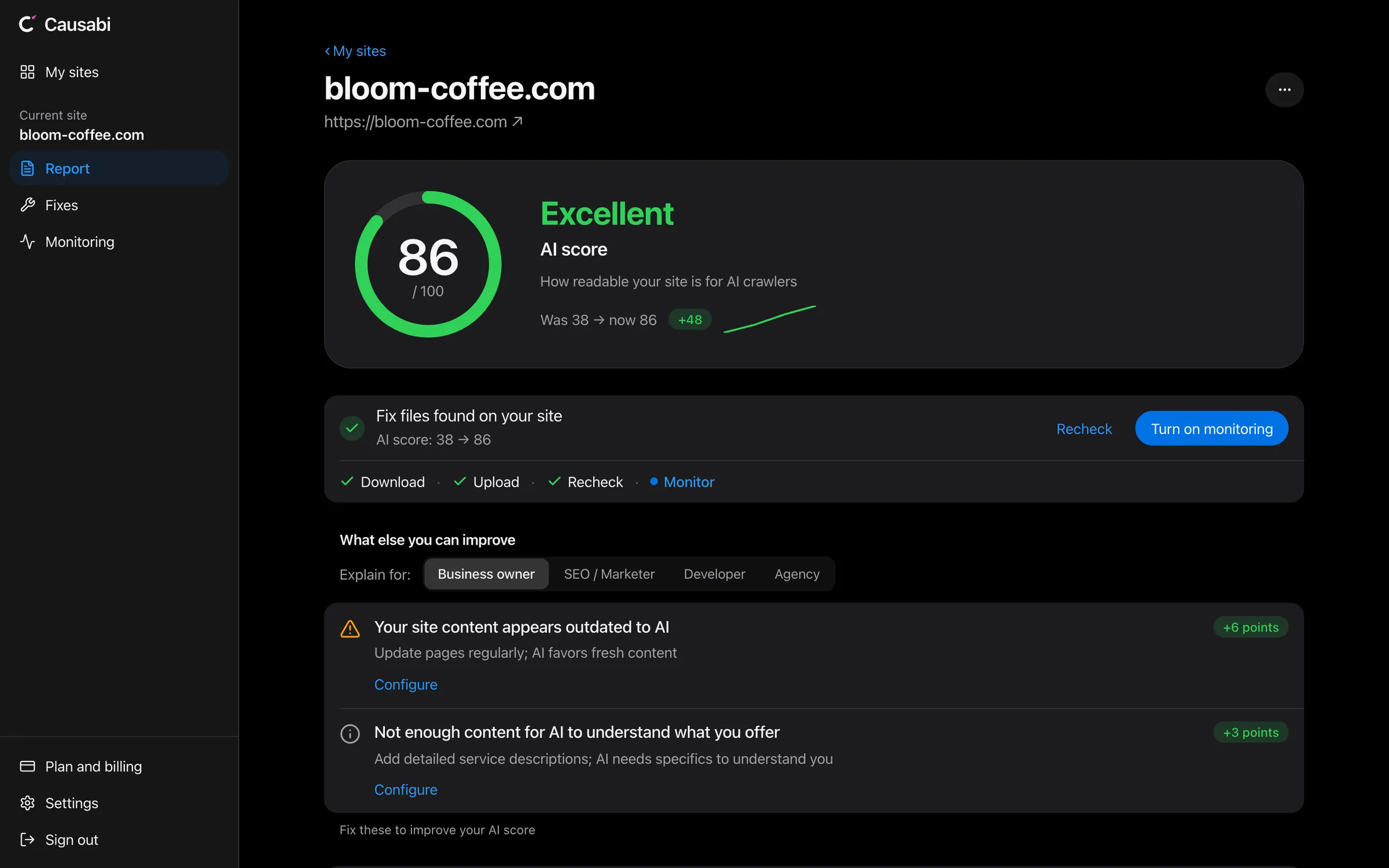 Causabi report for a sample site: AI score, a list of issues and the generated files.
