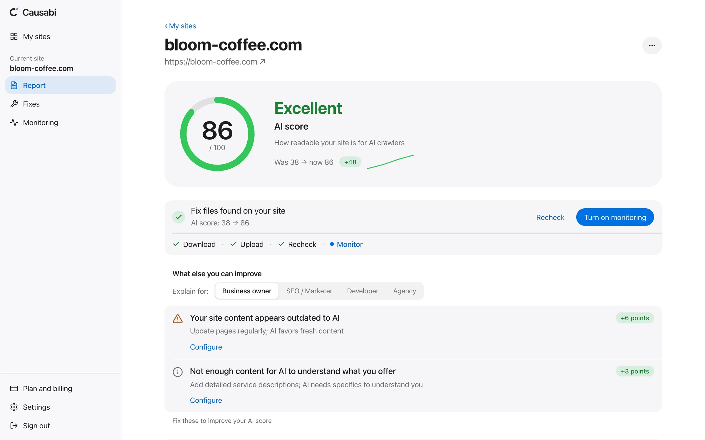 Causabi report for a sample site: AI score, a list of issues and the generated files.